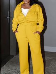 Solid Long Sleeve Zipper Front Coat & Loose Pants Set