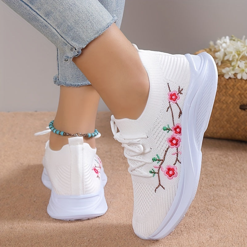 Women's Floral Embroidered Sock Sneakers Lace Up Low Top Sports Shoes