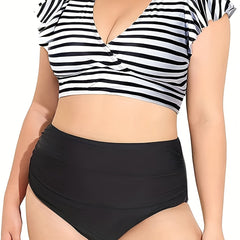 Vacay Tankini Set Solid Warp V Neck Cap Sleeve Crop Top