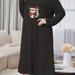 Christmas Nightdress Women's Plus Squirrel Print Long Sleeve Round N