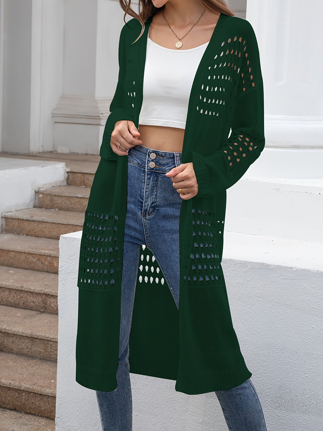 Eyelet Embroidered Long Sleeve Open Front Cardigan