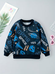 Space Alien Print Boys Casual Pullover Sweatshirt Long Sleeve Crew Neck Tops