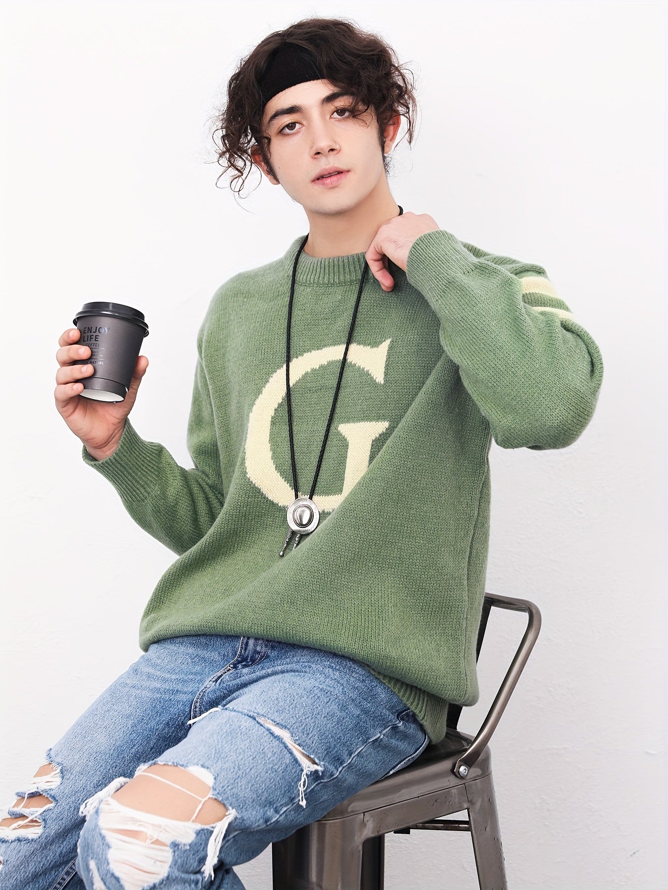 Men's ''G'' Pattern Sweater Warm Knit Pullover
