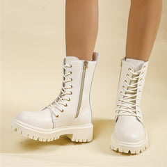 Women's Platform Combat Boots Round Toe Side Zipper & Lace Up Ankle Shoes