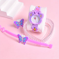 3pcs 3D Cartoon Butterfly Silicone Strap Girls' Watch