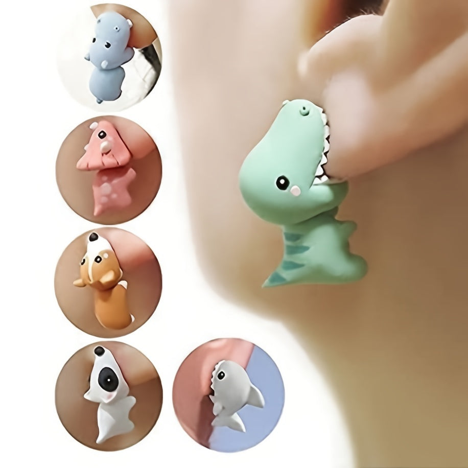 2pcs Small Animal Dinosaur Shark Resin Earrings Casual Jewelry