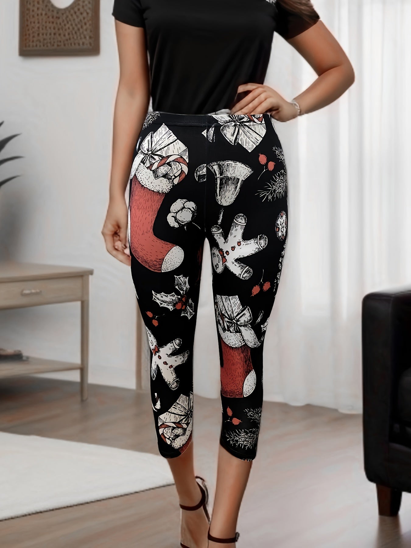 Christmas Cartoon Cropped Pants Stretch Leggings Activewear