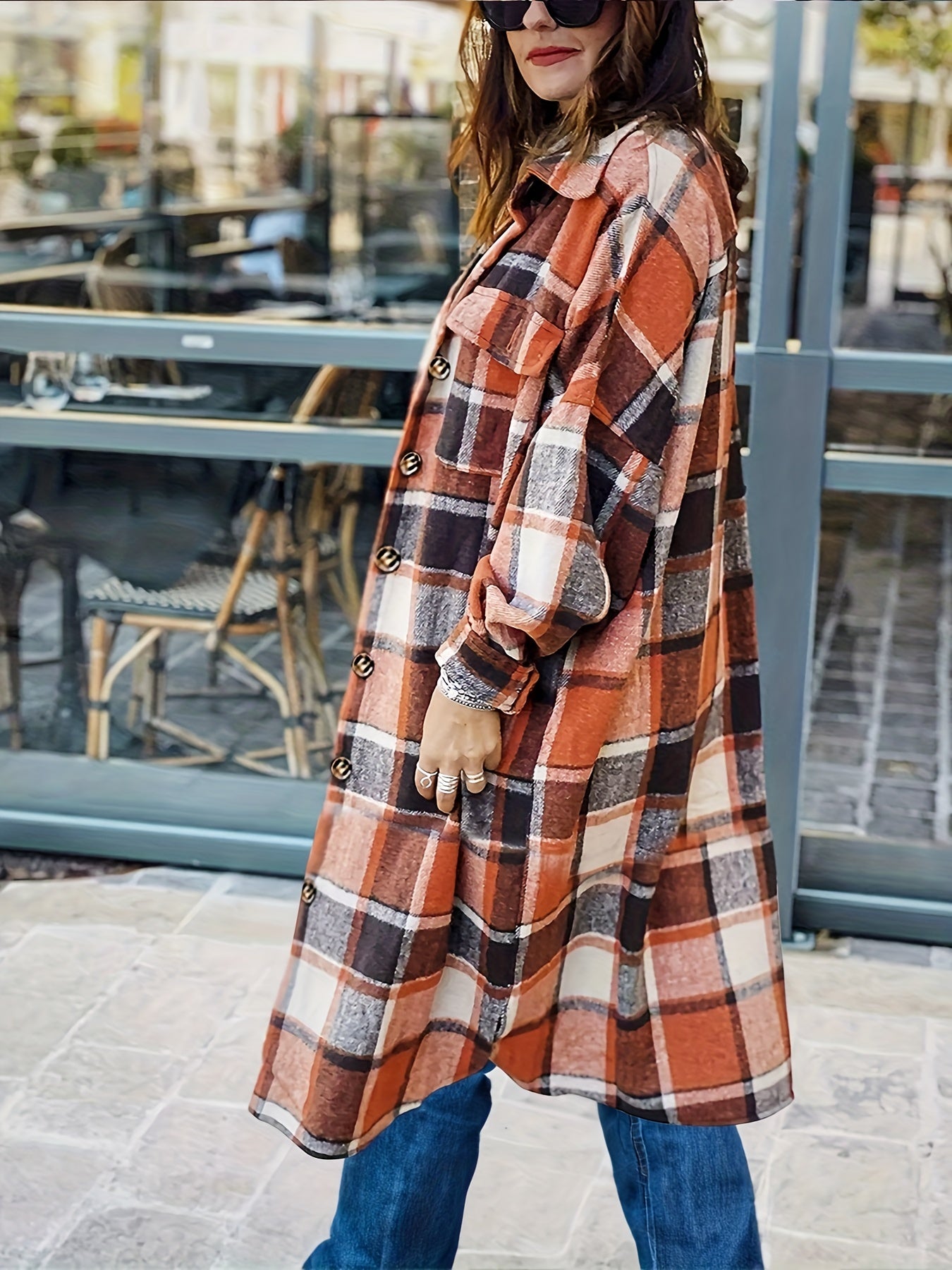Plaid Print Shacket Jacket Button Front Long Sleeve Women's Outerwear