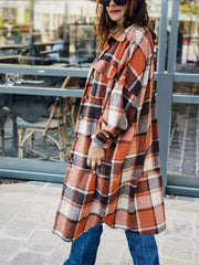 Plaid Print Shacket Jacket Button Front Long Sleeve Women's Outerwear