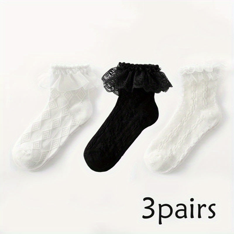 3 Pairs Children's Socks Breathable Girl Princess Lace Ruffled Bow Dance Socks