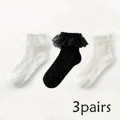 3 Pairs Children's Socks Breathable Girl Princess Lace Ruffled Bow Dance Socks