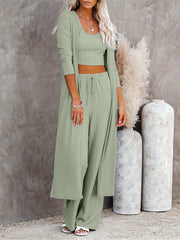 Solid Ribbed Lounge Set Long Sleeve Robe & Crew Neck Tank Top & Lace Up Pants