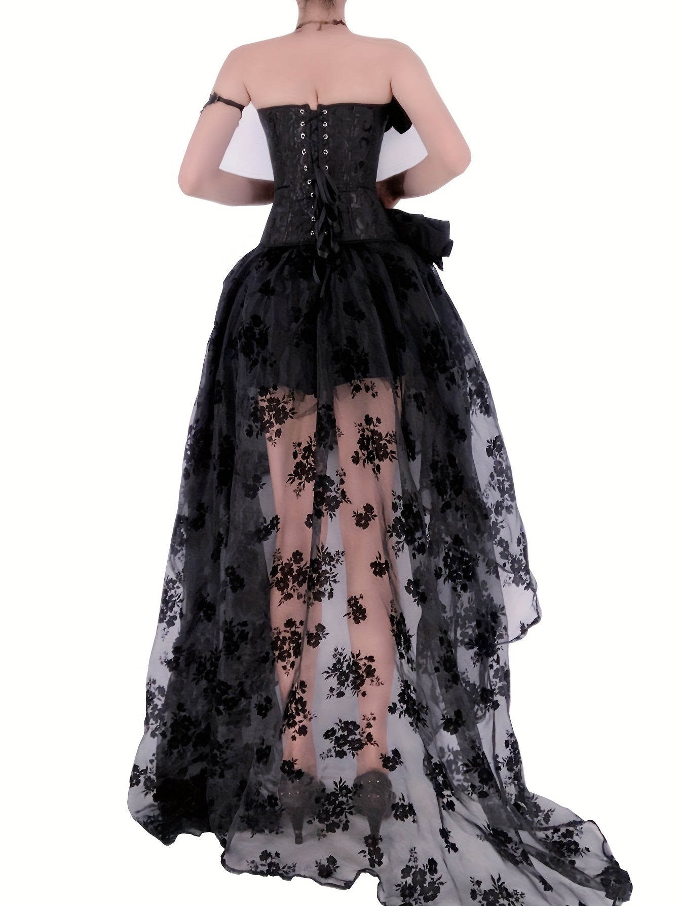 Goth Floral Lace Corset & Mesh Skirt Set Women's Lingerie