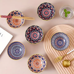 Bohemian Ceramic Rice Bowls Set of 4 Assorted Dinnerware Geometric Pattern