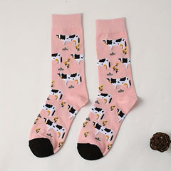 Cartoon Cow Print Socks Comfy & Mid Tube Women's Stockings