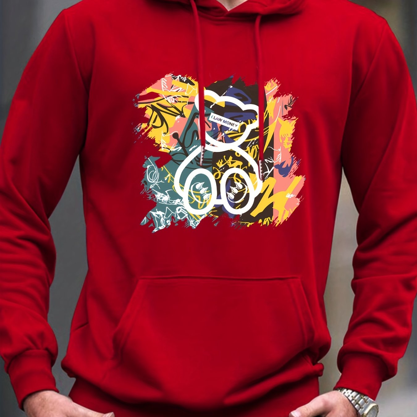 Cartoon Bear & Graffiti Print Hoodie for Men