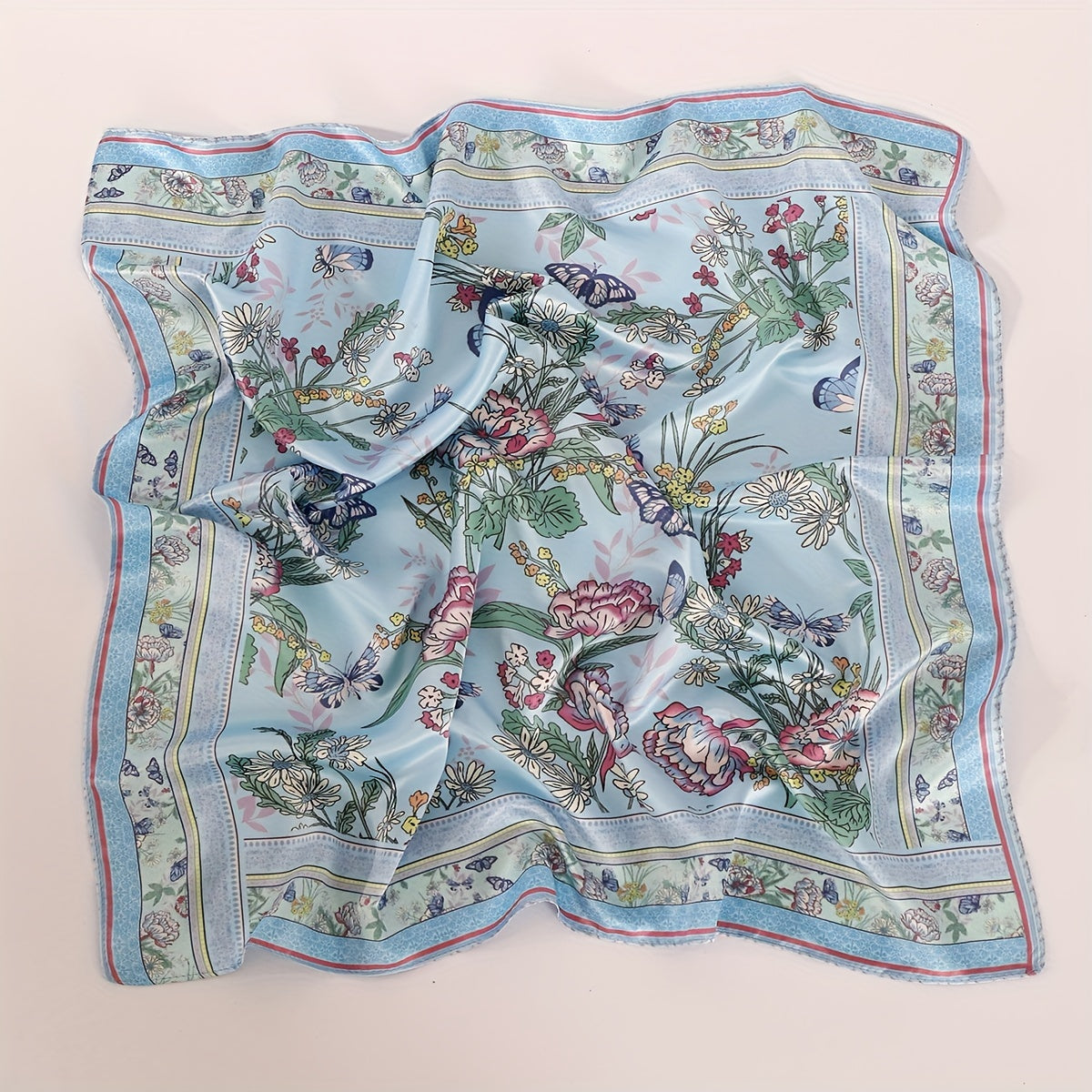Butterfly Plant Flower Print Bandana Square Scarf Head Wrap Women Satin Necke
