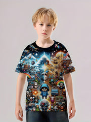 Pixel Cartoon Print Boy's Tees Short Sleeve Crew Neck Comfy T shirt