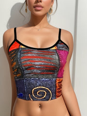 Patchwork Print Crop Cami Top Spaghetti Strap Summer Women's Clothing