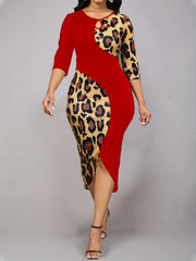 Leopard Splicing Dress Keyhole 3/4 Sleeve Pencil Dress