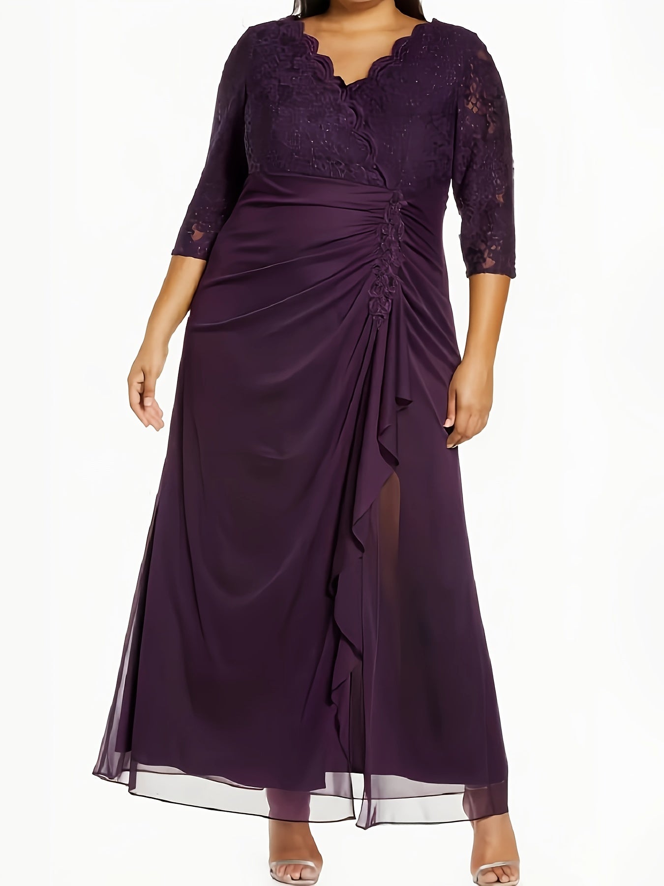 Lace Sleeve Drape Neck Party Dress
