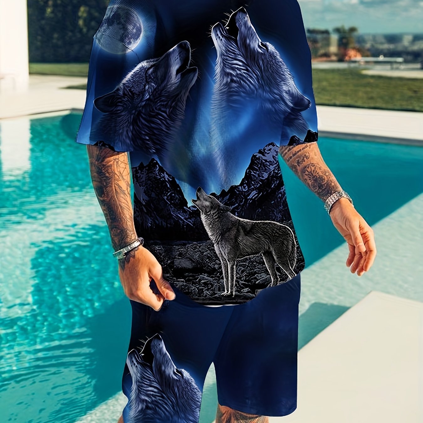 3D Wolf Pattern Print Men's 2Pcs Outfits Casual T-shirt And Shorts Set