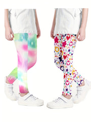 Girls Heart Flowers & Tie Dye Athletic Leggings Elastic Waist Yoga Pants