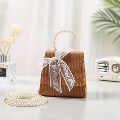 Straw Crossbody Bag with Faux Pearl Handle for Women