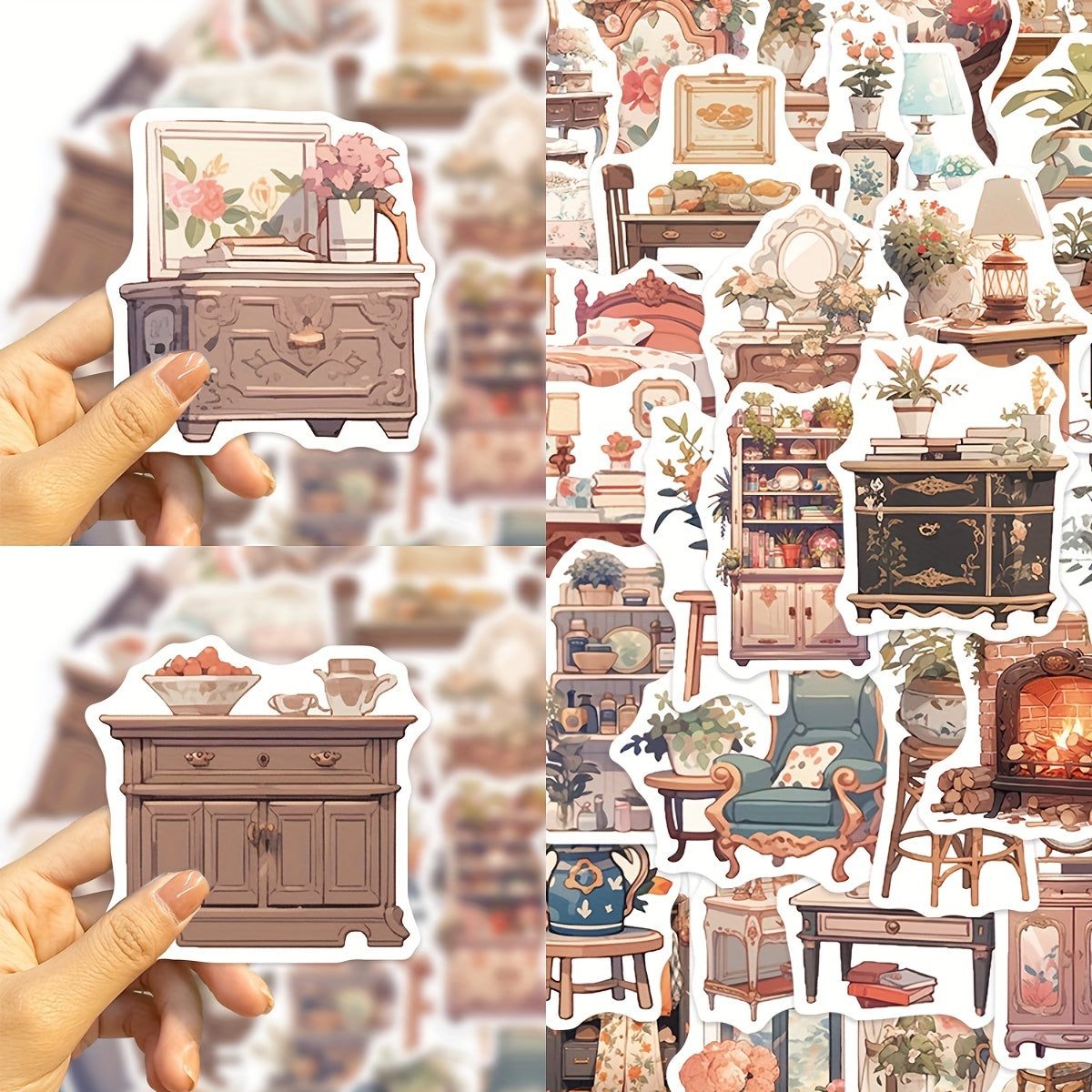 50pcs Retro Furniture Series Graffiti Stickers for DIY, Guitar, Skateboard