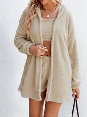 Cozy Lounge Set Long Sleeve Hooded Robe & Tank Top & Shorts