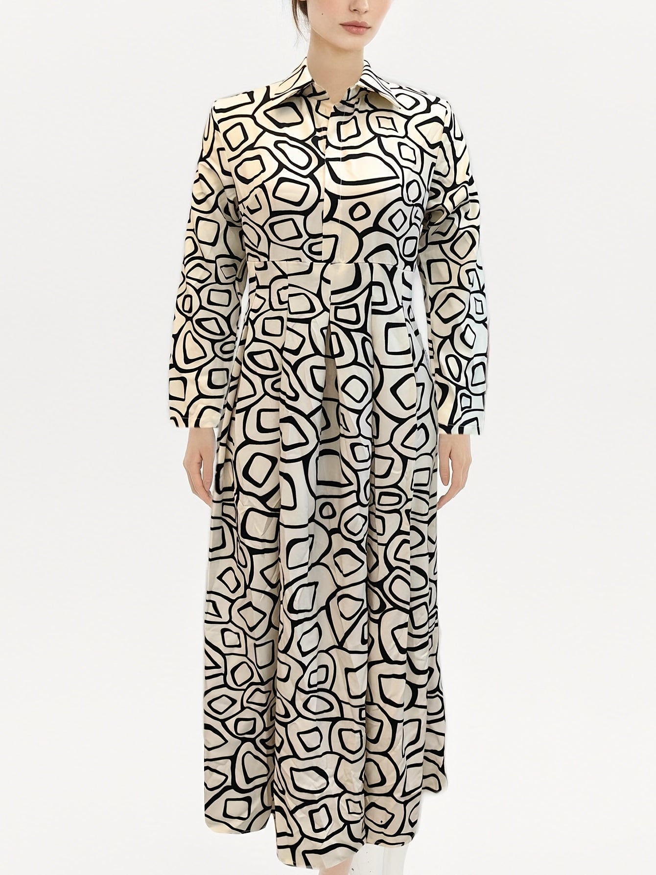 Graphic Print Maxi Dress Long Sleeve Ruched Dress With Collar