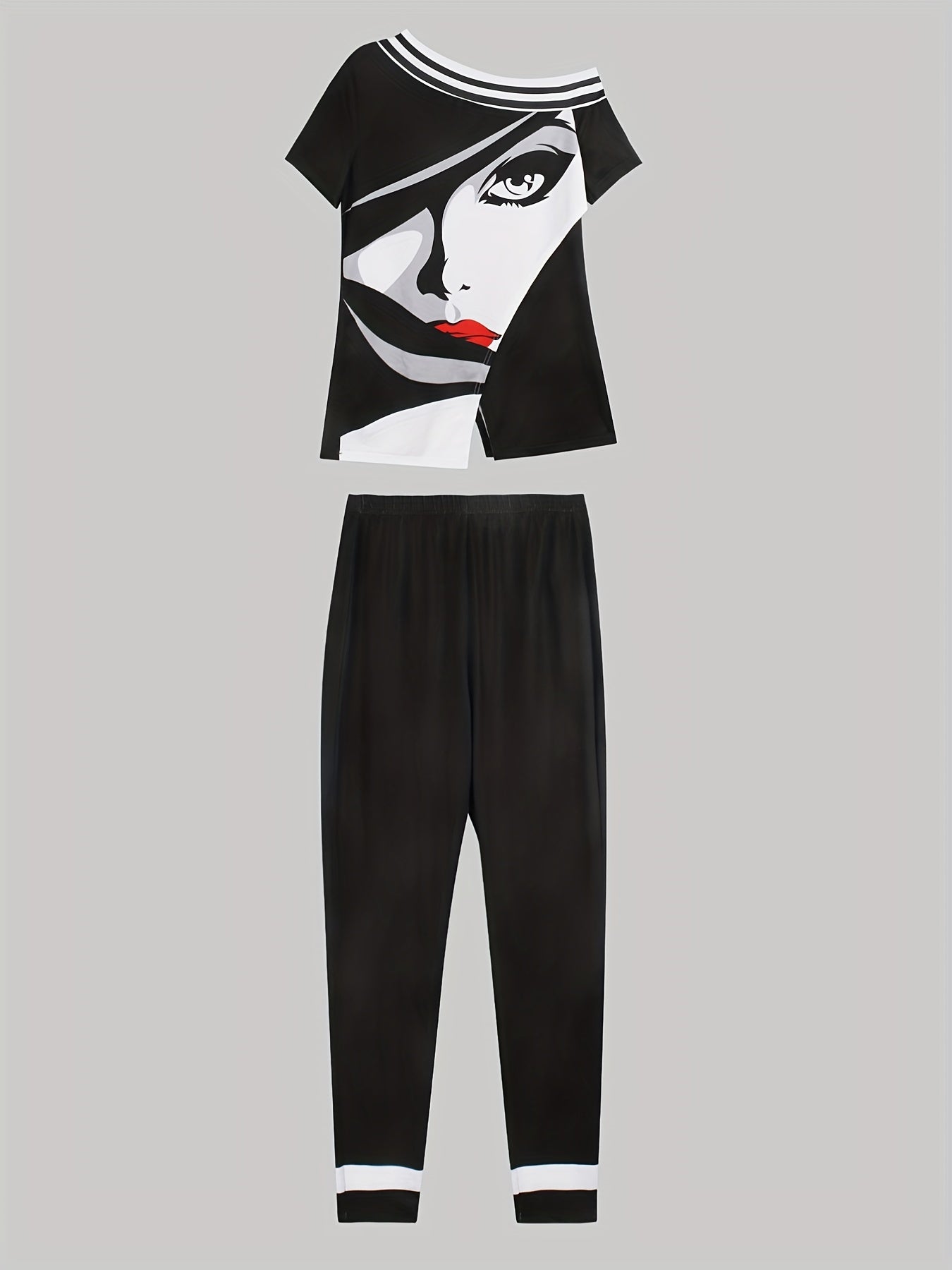 Portrait Print Cold Shoulder Top & Skinny Pants Set