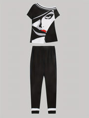 Portrait Print Cold Shoulder Top & Skinny Pants Set