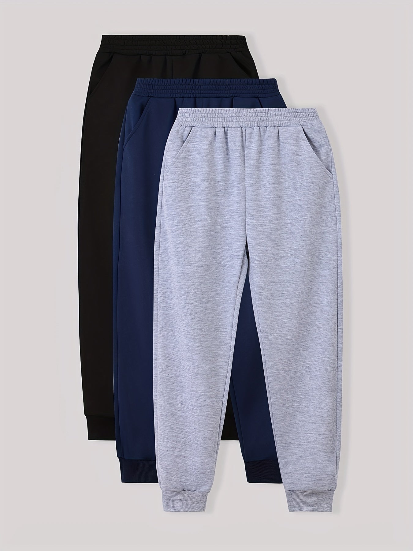 3pcs Boy's Solid Sweatpants Elastic Waist Joggers For Outdoor