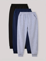 3pcs Boy's Solid Sweatpants Elastic Waist Joggers For Outdoor