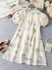 Toddler Girls Puff Sleeve Frill Trim Cheongsam