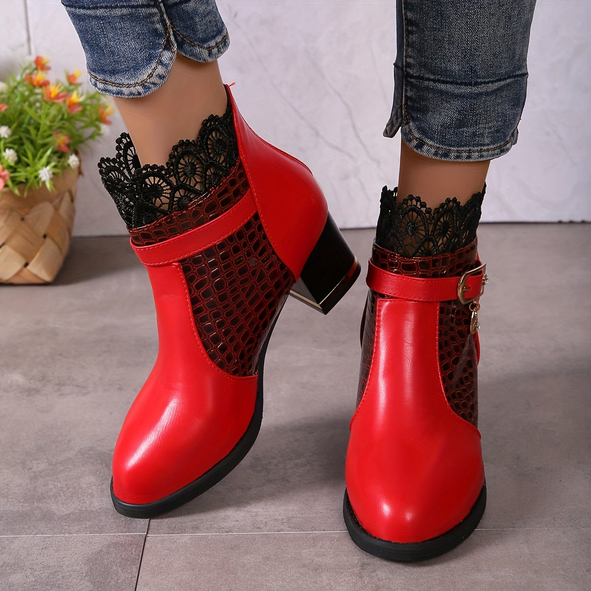 Lace Heeled Ankle Boots Crocodile Print Buckle Strap Chunky Heels