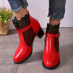 Lace Heeled Ankle Boots Crocodile Print Buckle Strap Chunky Heels