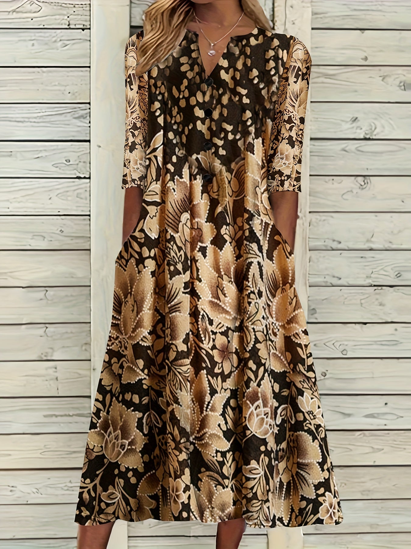 Floral & Dalmatian Print Long Sleeve Plus Size Casual Dress