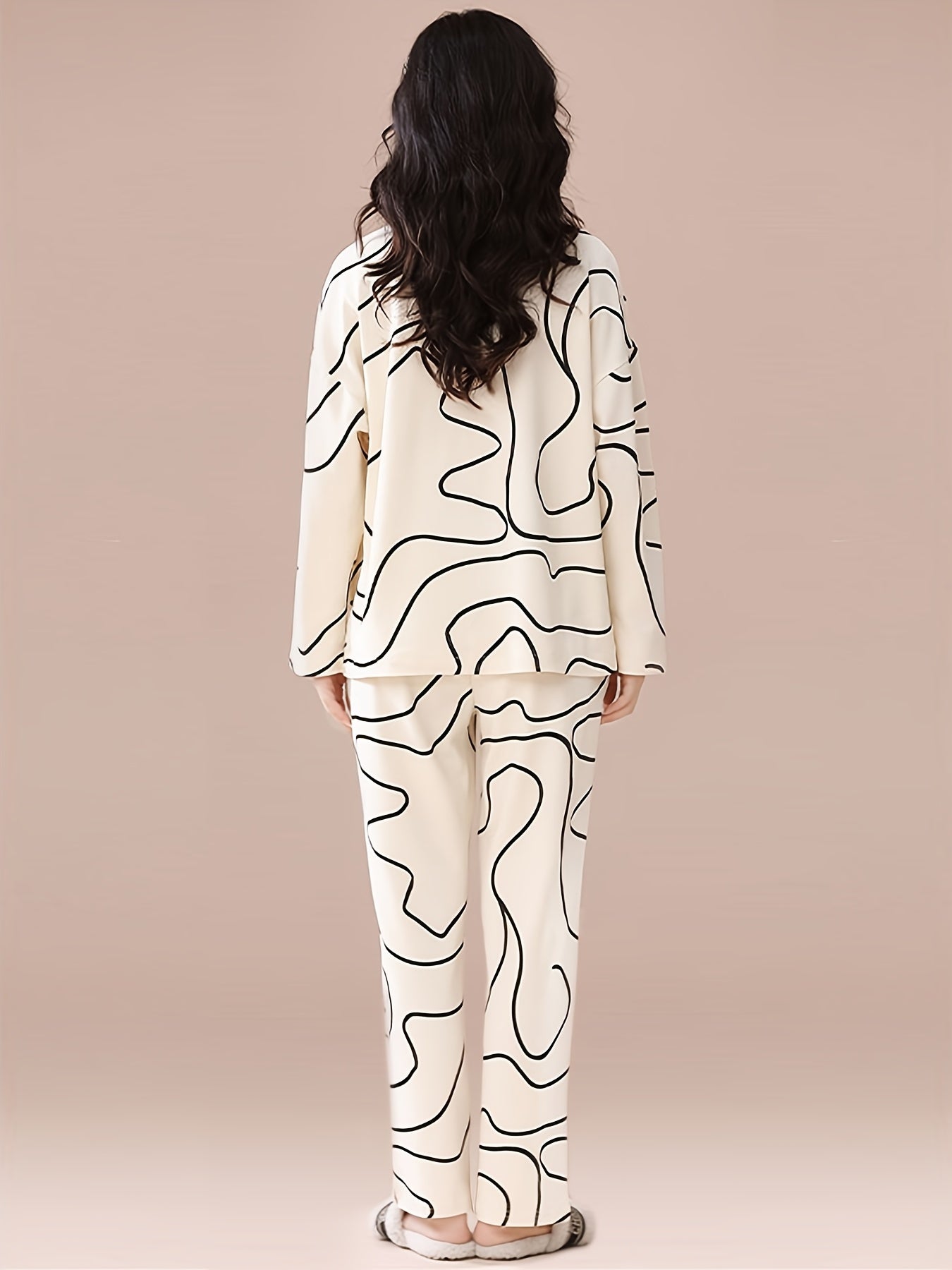 Geometric Print Pajama Set Long Sleeve Top & Pants Women's Sleepwear