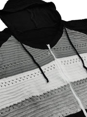 Colorblock Zipper Hooded Coat Long Sleeve Eyelet Embroidered