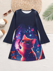 Dreamy Kitty Graphic Crew Neck Long Sleeve Dress Girls Spring Fall