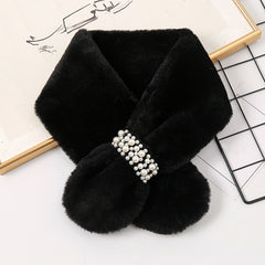 Winter Rabbit Fur Neck Scarf Faux Pearl Buckle Scarf
