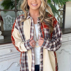 Plaid Corduroy Patchwork Shacket Long Sleeve Jacket