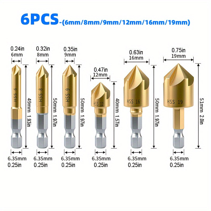 6-Piece High Carbon Steel Drill Bits Set with 6-19mm Countersink Drill Bits
