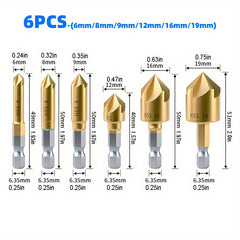 6-Piece High Carbon Steel Drill Bits Set with 6-19mm Countersink Drill Bits