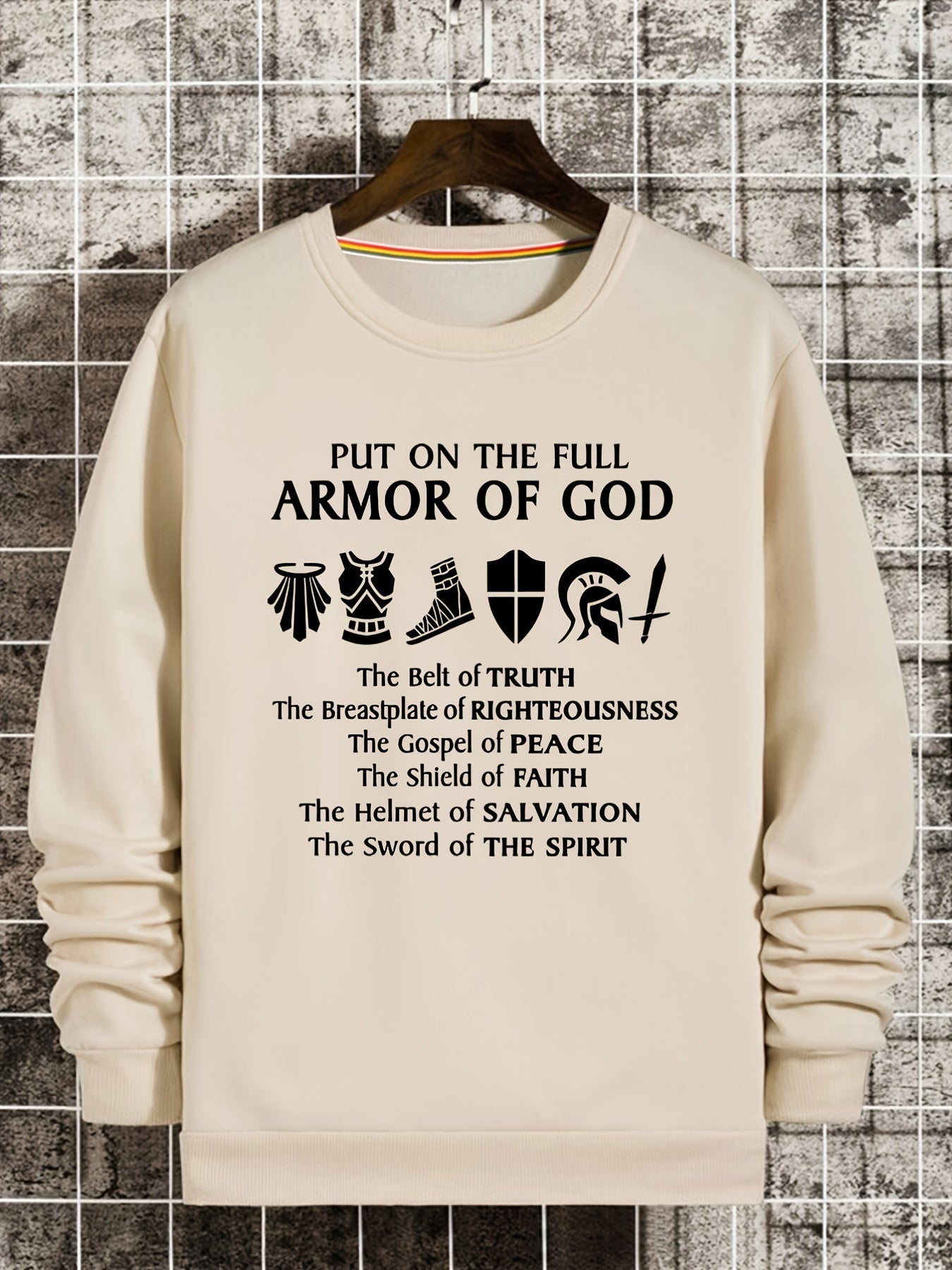 Armor Of God Print Sweatshirt Men's Casual Graphic Pullover Sweatshirt