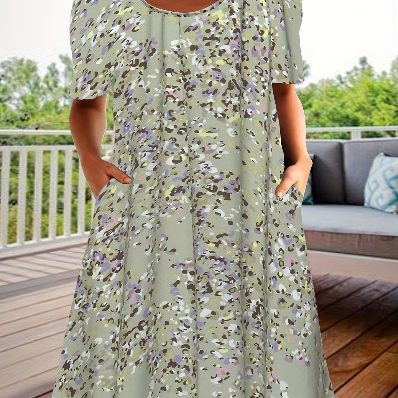 Women's Plus Camo Print Short Sleeve Tee Dress With Pockets