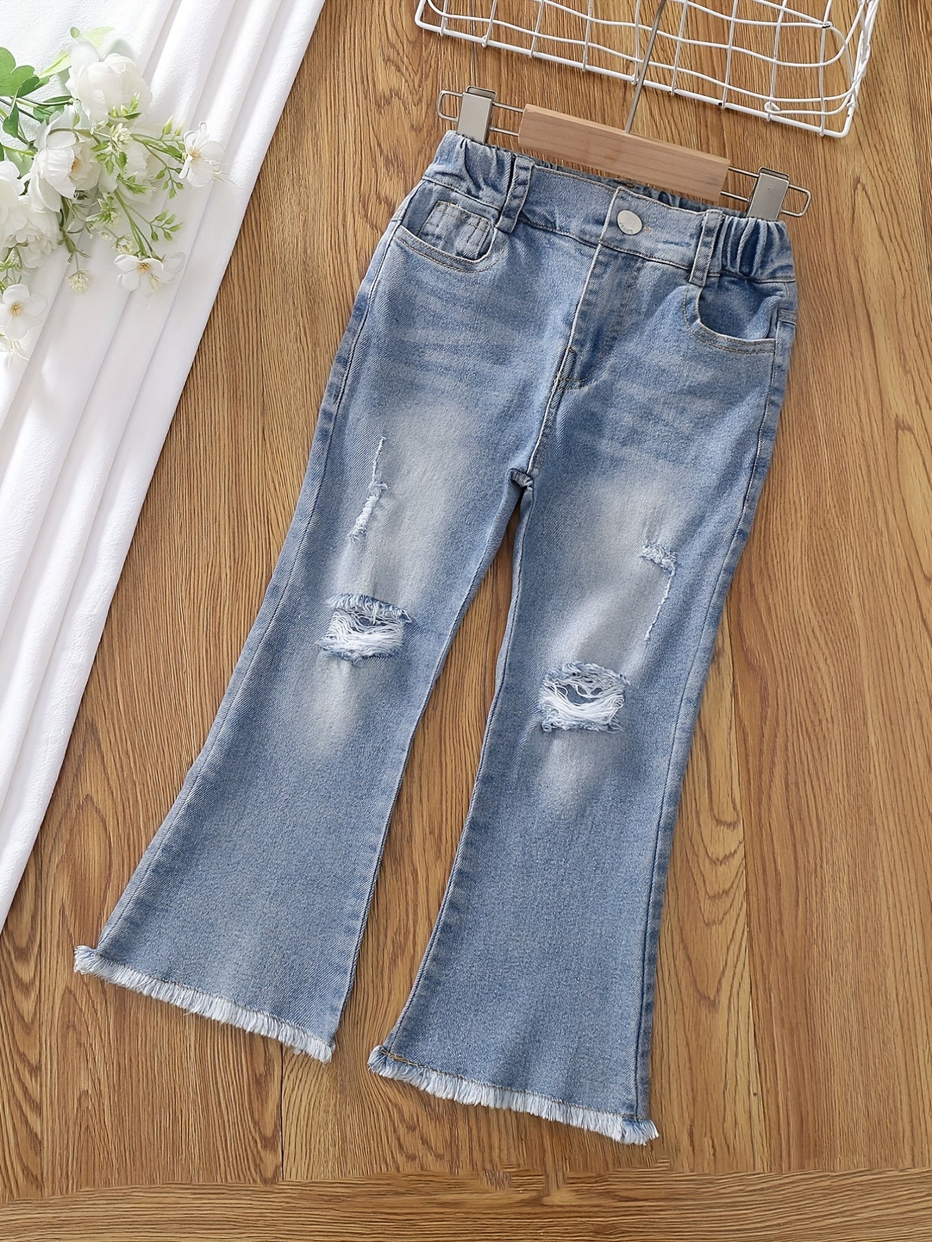 Girls Denim Flared Leg Pants Kids Stretch Skinny Trousers Zipper Casual Pants