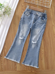 Girls Denim Flared Leg Pants Kids Stretch Skinny Trousers Zipper Casual Pants